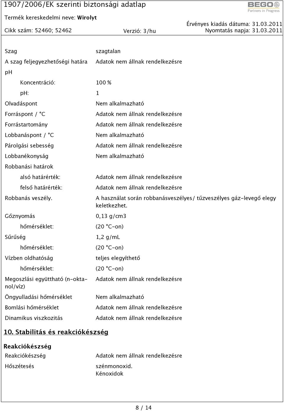 Gőznyomás Sűrűség hőmérséklet: hőmérséklet: Vízben oldhatóság hőmérséklet: Megoszlási együttható (n-oktanol/víz) Öngyulladási hőmérséklet Bomlási hőmérséklet Dinamikus viszkozitás A