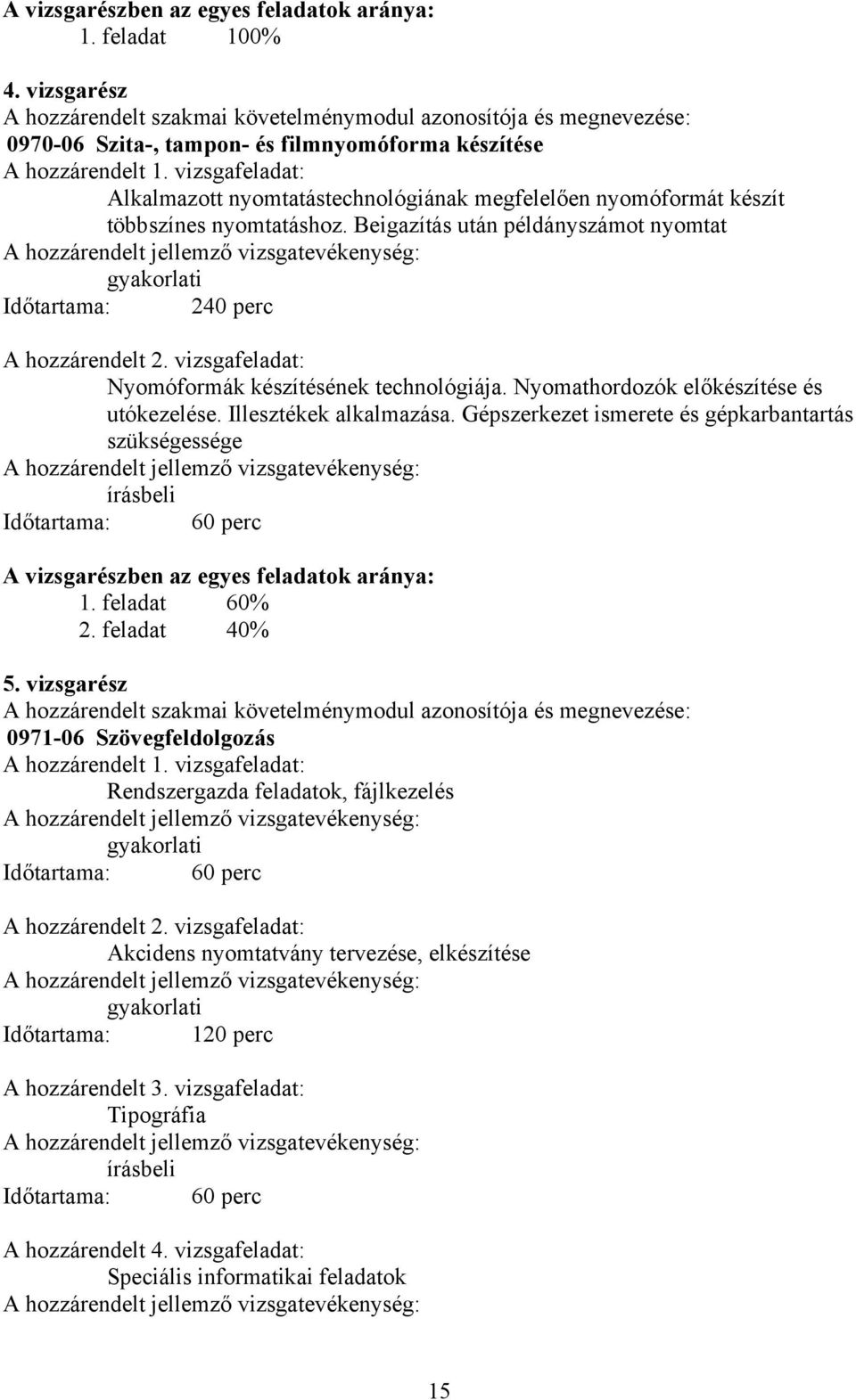 vizsgafeladat: Alkalmazott nyomtatástechnológiának megfelelően nyomóformát készít többszínes nyomtatáshoz. Beigazítás után példányszámot nyomtat gyakorlati Időtartama: 240 perc A hozzárendelt 2.