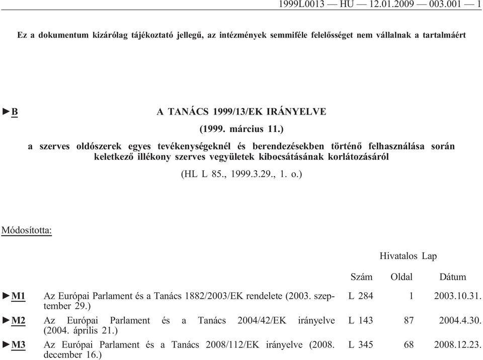 ) a szerves oldószerek egyes tevékenységeknél és berendezésekben történő felhasználása során keletkező illékony szerves vegyületek kibocsátásának korlátozásáról (HL L 85., 1999.3.29.