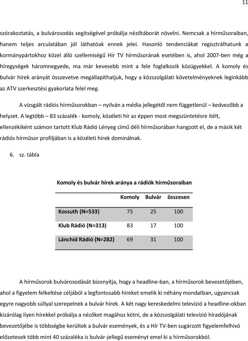 közügyekkel. A komoly és bulvár hírek arányát összevetve megállapíthatjuk, hogy a közszolgálati követelményeknek leginkább az ATV szerkesztési gyakorlata felel meg.