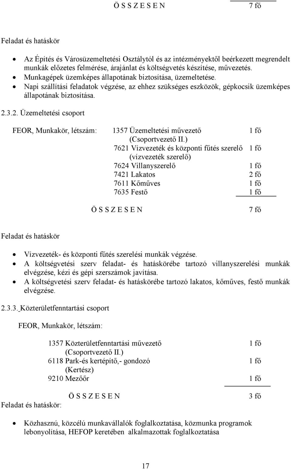 3.2. Üzemeltetési csoport FEOR, Munkakör, létszám: 1357 Üzemeltetési mővezetı 1 fı (Csoportvezetı II.