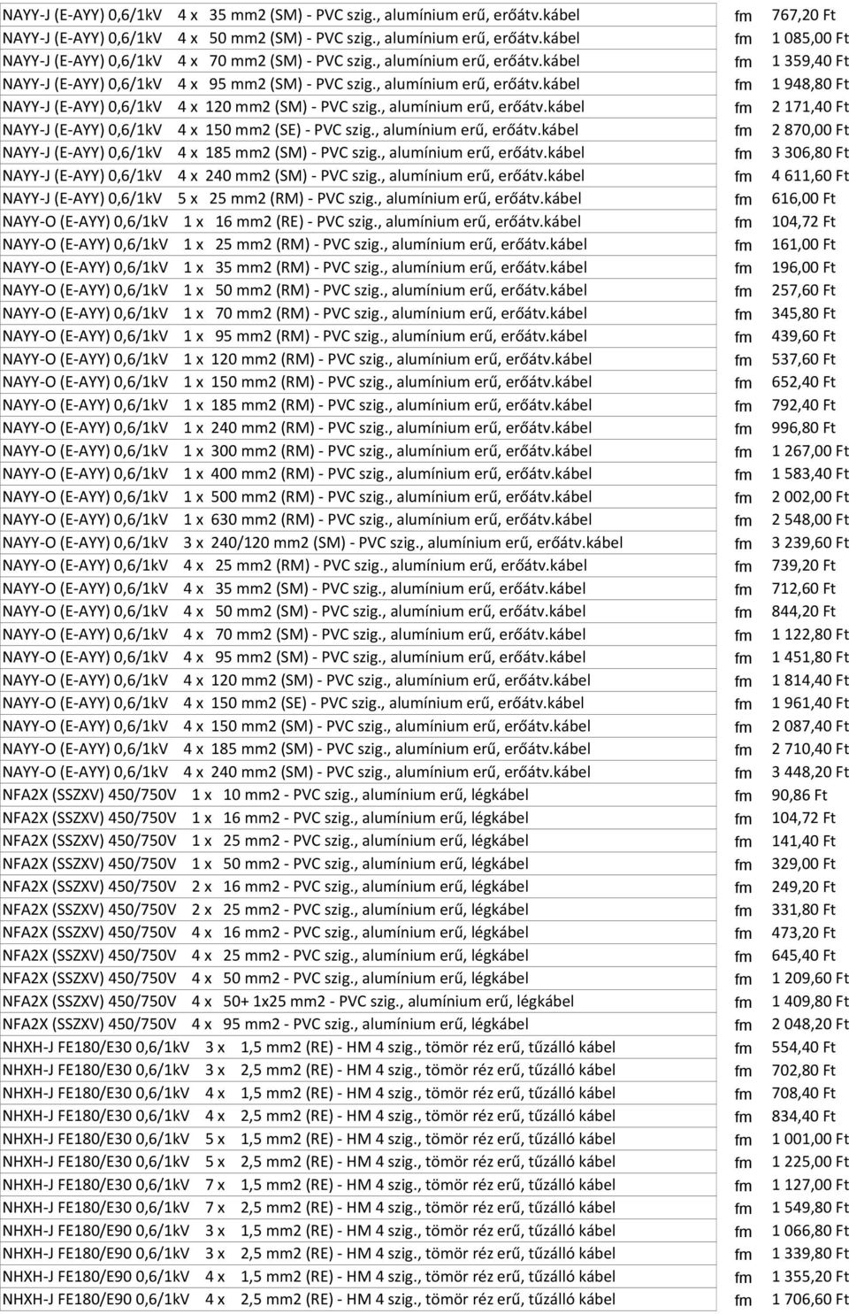 , alumínium erű, erőátv.kábel 2 171,40 Ft NAYY-J (E-AYY) 0,6/1kV 4 x 150 mm2 (SE) - PVC szig., alumínium erű, erőátv.kábel 2 870,00 Ft NAYY-J (E-AYY) 0,6/1kV 4 x 185 mm2 (SM) - PVC szig.