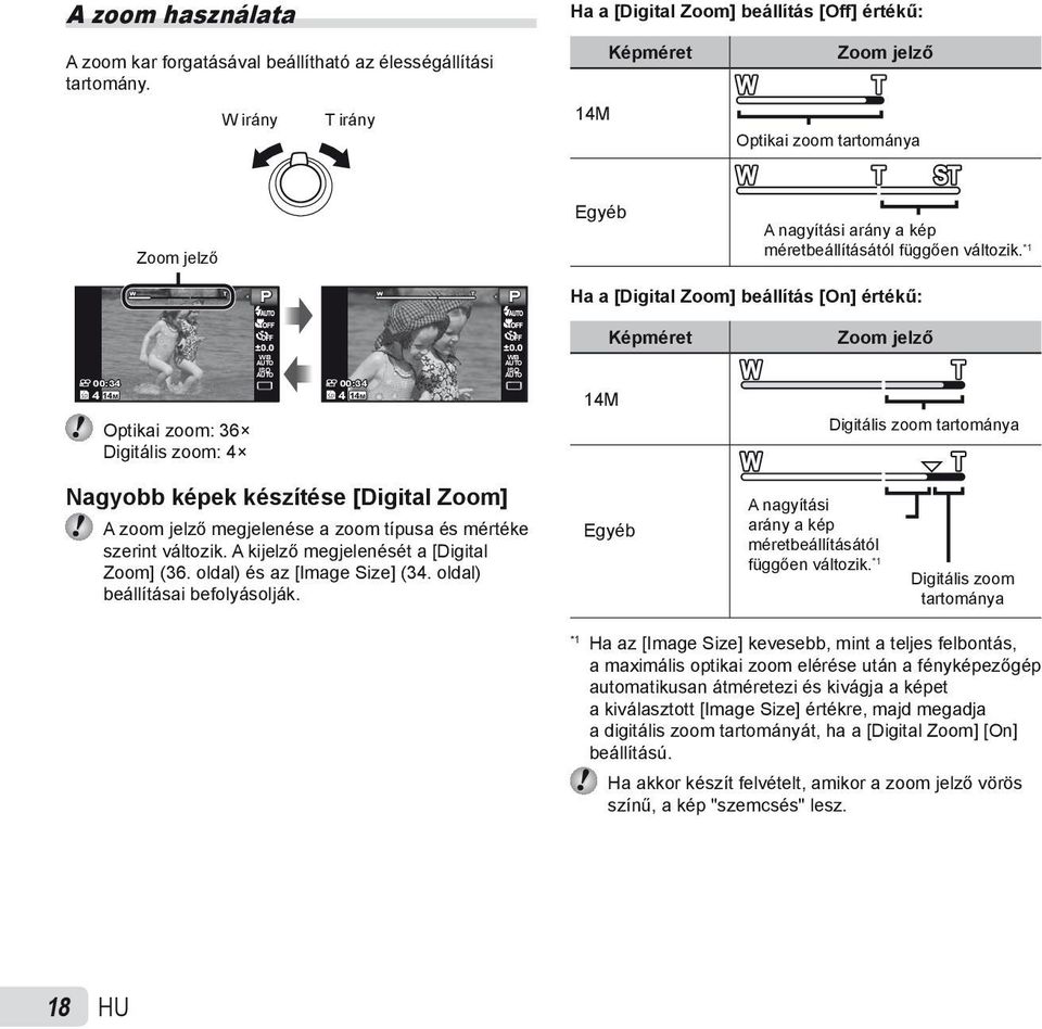 *1 P P Ha a [Digital Zoom] beállítás [On] értékű: 0.0 WB ISO 00:34 00:34 4 14M 4 14M Optikai zoom: 36 Digitális zoom: 4 0.