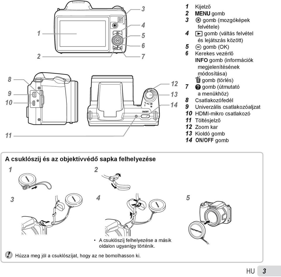 Univerzális csatlakozóaljzat 10 HDMI-mikro csatlakozó 11 Töltésjelző 12 Zoom kar 13 Kioldó gomb 14 n gomb A csuklószíj és az objektívvédő