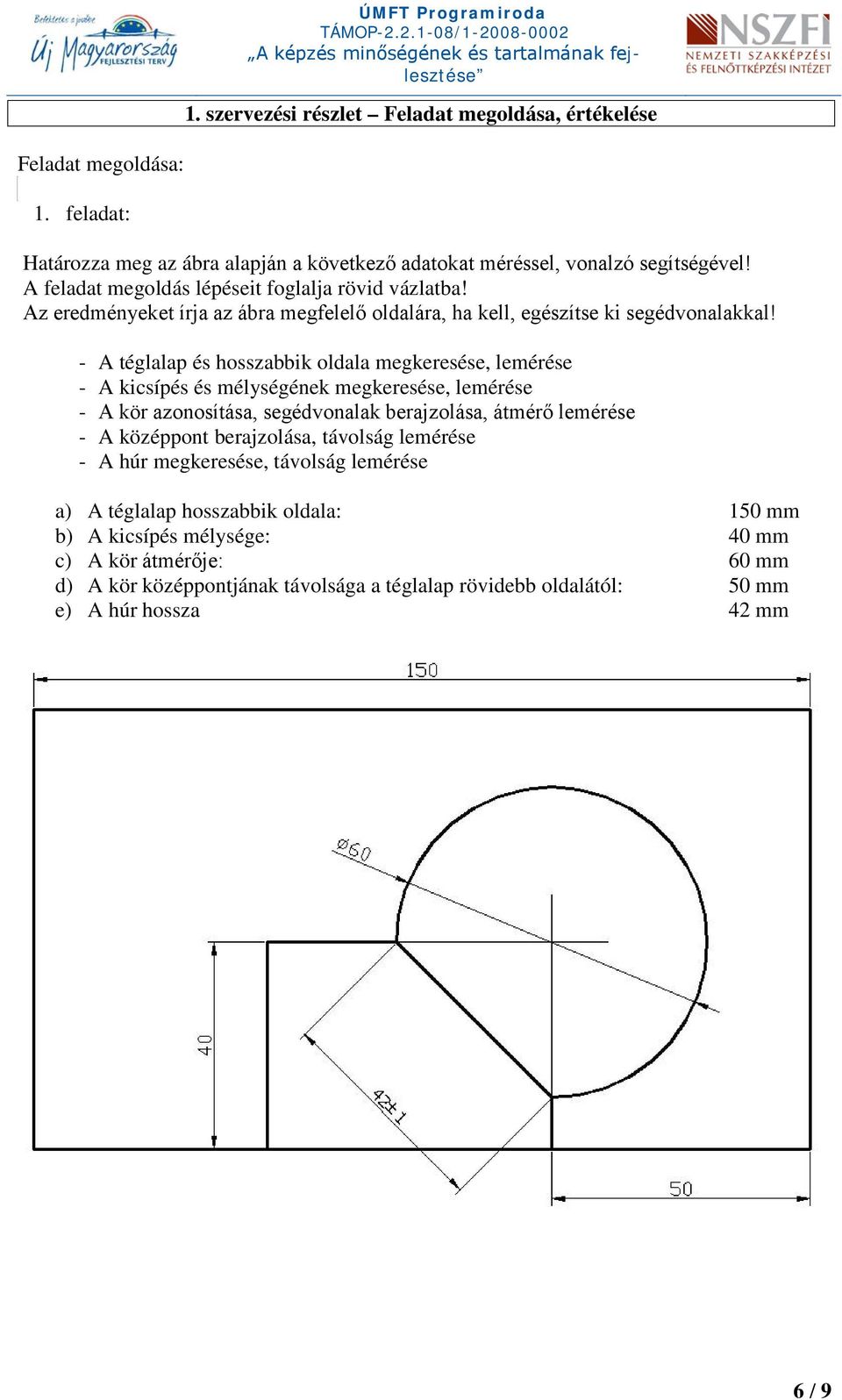 - A téglalap és hosszabbik oldala megkeresése, lemérése - A kicsípés és mélységének megkeresése, lemérése - A kör azonosítása, segédvonalak berajzolása, átmérő lemérése - A középpont