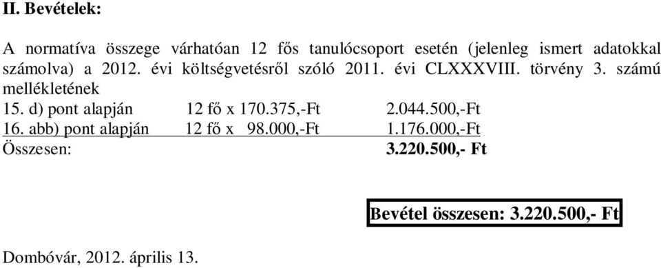 számú mellékletének 15. d) pont alapján 12 fő x 170.375,-Ft 2.044.500,-Ft 16.