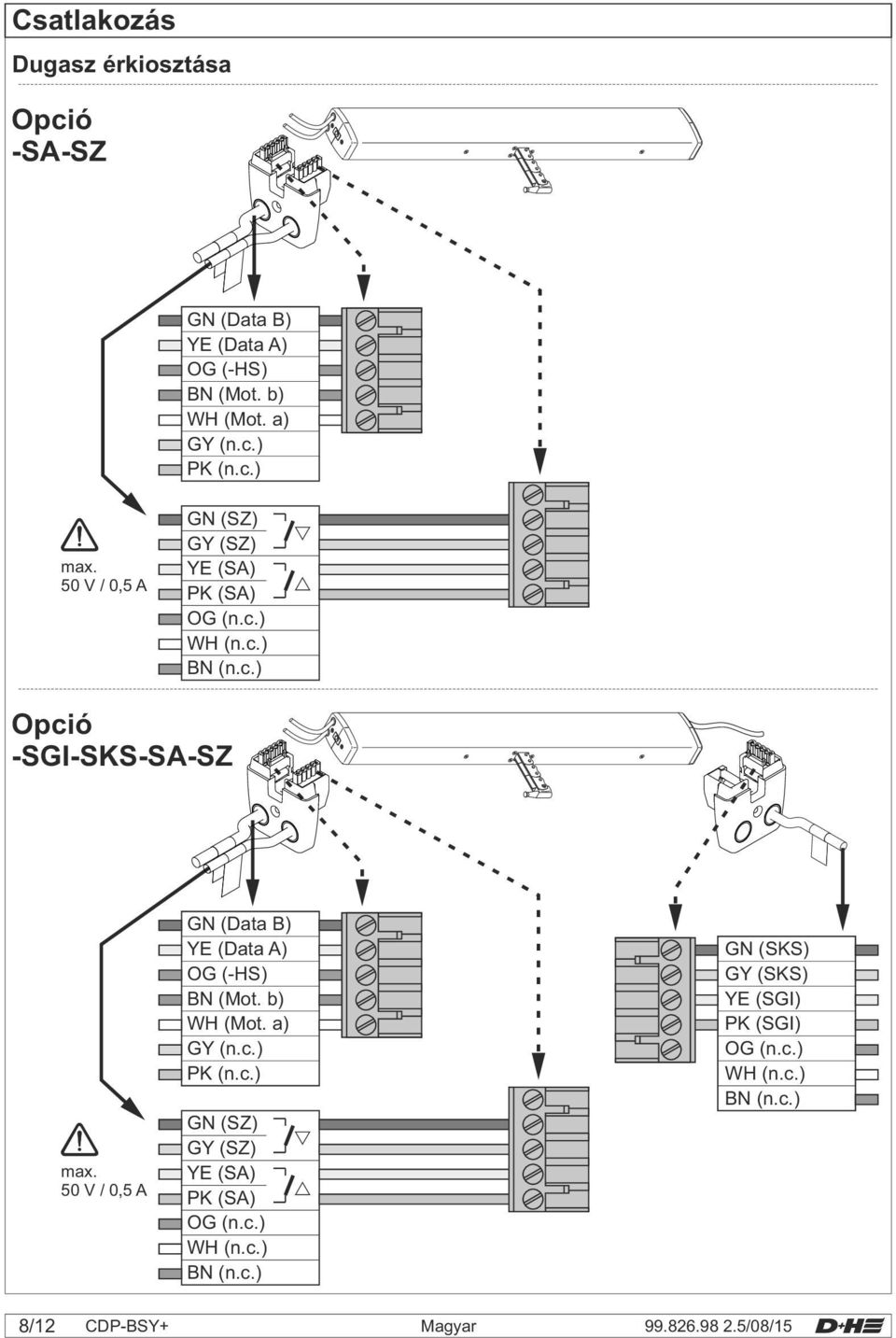 50 V / 0,5 A GY (n.c.) PK (n.c.) GN (SZ) GY (SZ) YE (SA) PK (SA) OG (n.c.) WH (n.c.) BN (n.