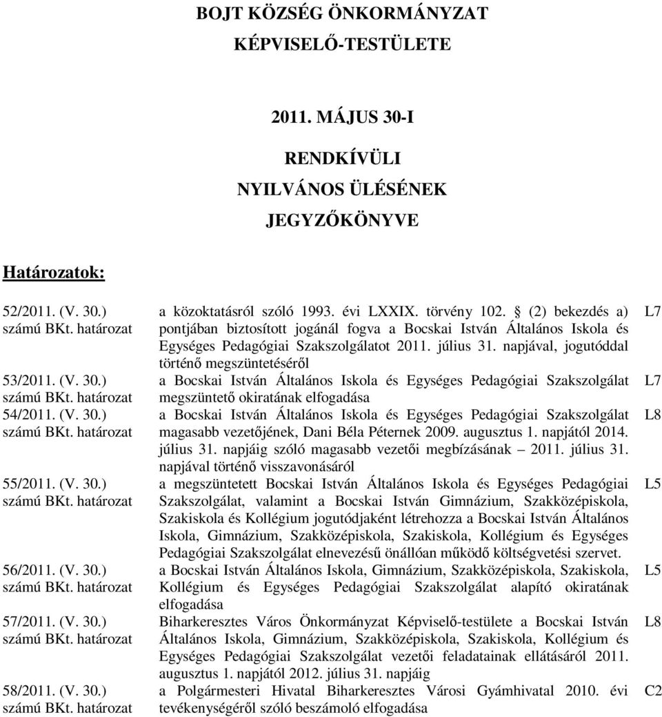 (2) bekezdés a) pontjában biztosított jogánál fogva a Bocskai István Általános Iskola és Egységes Pedagógiai Szakszolgálatot 2011. július 31.