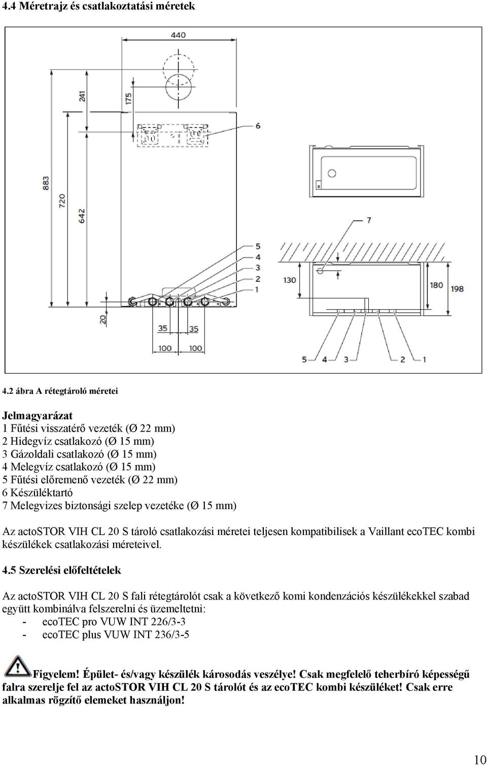 vezeték (Ø 22 mm) 6 Készüléktartó 7 Melegvizes biztonsági szelep vezetéke (Ø 15 mm) Az actostor VIH CL 20 S tároló csatlakozási méretei teljesen kompatibilisek a Vaillant ecotec kombi készülékek