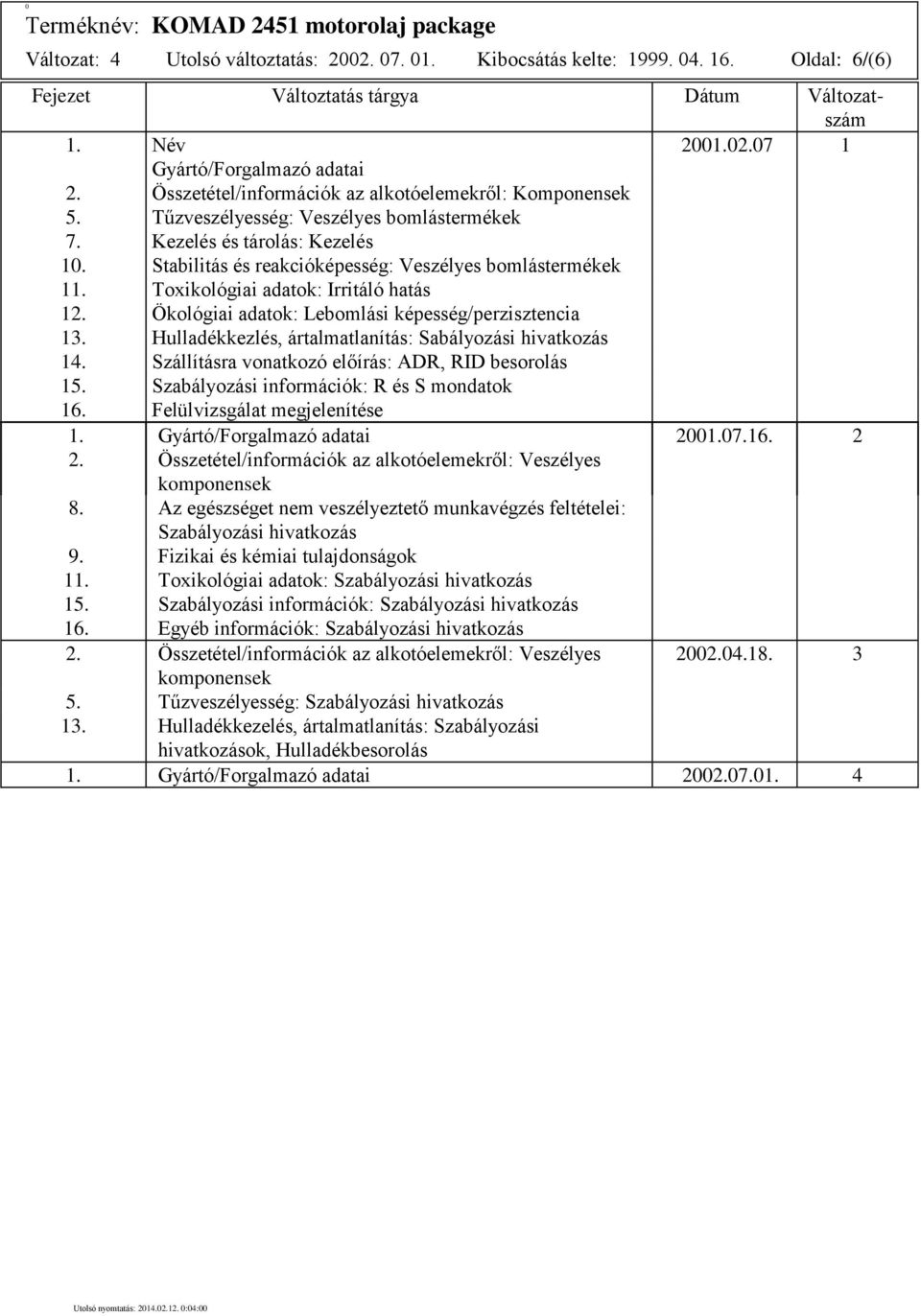 Toxikológiai adatok: Irritáló hatás 12. Ökológiai adatok: Lebomlási képesség/perzisztencia 13. Hulladékkezlés, ártalmatlanítás: Sabályozási hivatkozás 14.