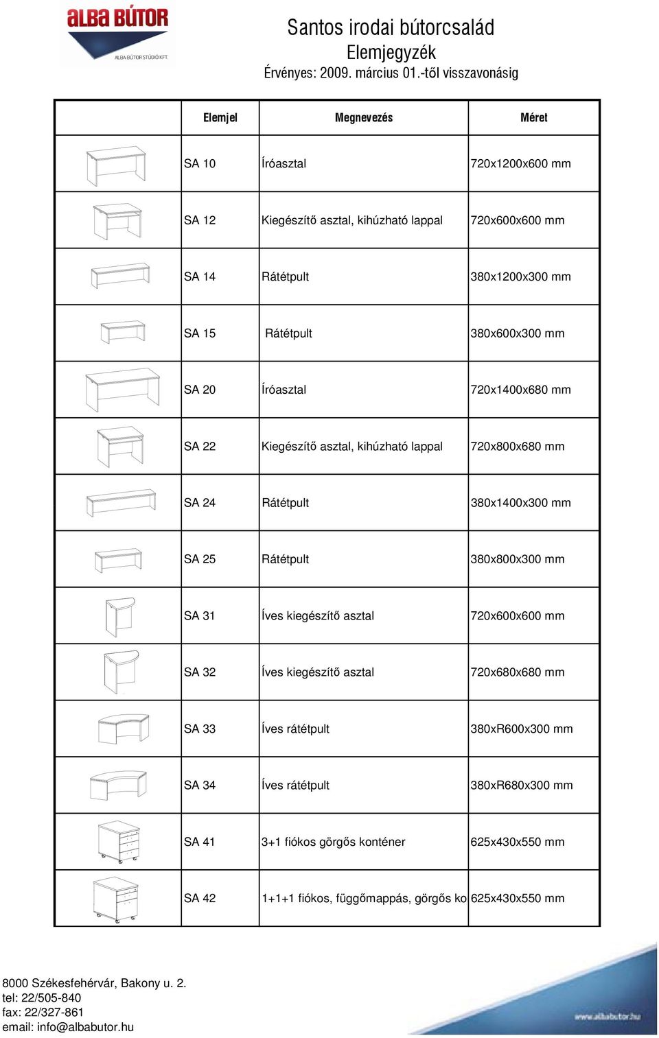 Rátétpult 380x600x300 mm SA 20 Íróasztal 720x1400x680 mm SA 22 Kiegészítő asztal, kihúzható lappal 720x800x680 mm SA 24 Rátétpult 380x1400x300 mm SA 25 Rátétpult