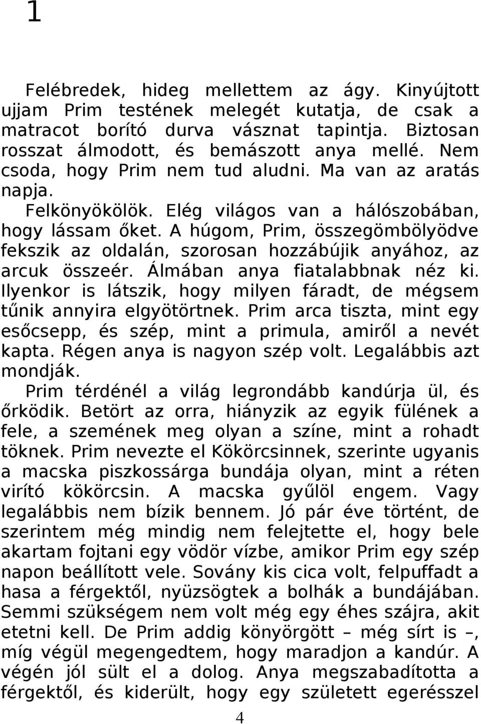 A húgom, Prim, összegömbölyödve fekszik az oldalán, szorosan hozzábújik anyához, az arcuk összeér. Álmában anya fiatalabbnak néz ki.