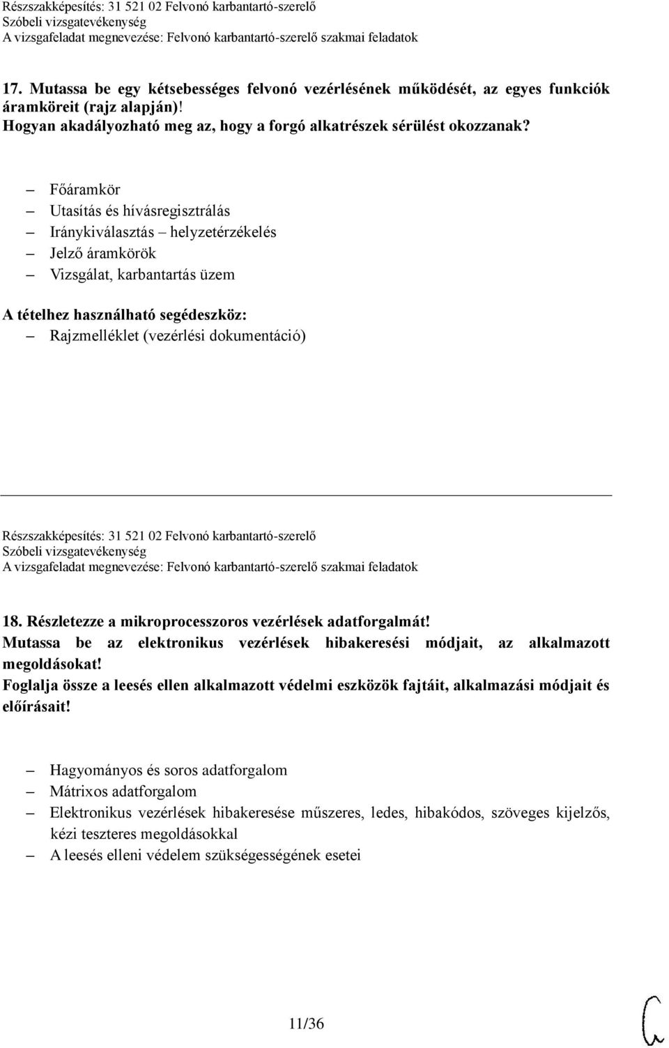 Részszakképesítés: 31 521 02 Felvonó karbantartó-szerelő 18. Részletezze a mikroprocesszoros vezérlések adatforgalmát!