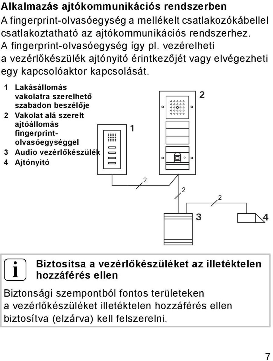 1 Lakásállomás vakolatra szerelhető szabadon beszélője Vakolat alá szerelt ajtóállomás fingerprintolvasóegységgel 3 Audio vezérlőkészülék 4 Ajtónyitó 1 3 4 i