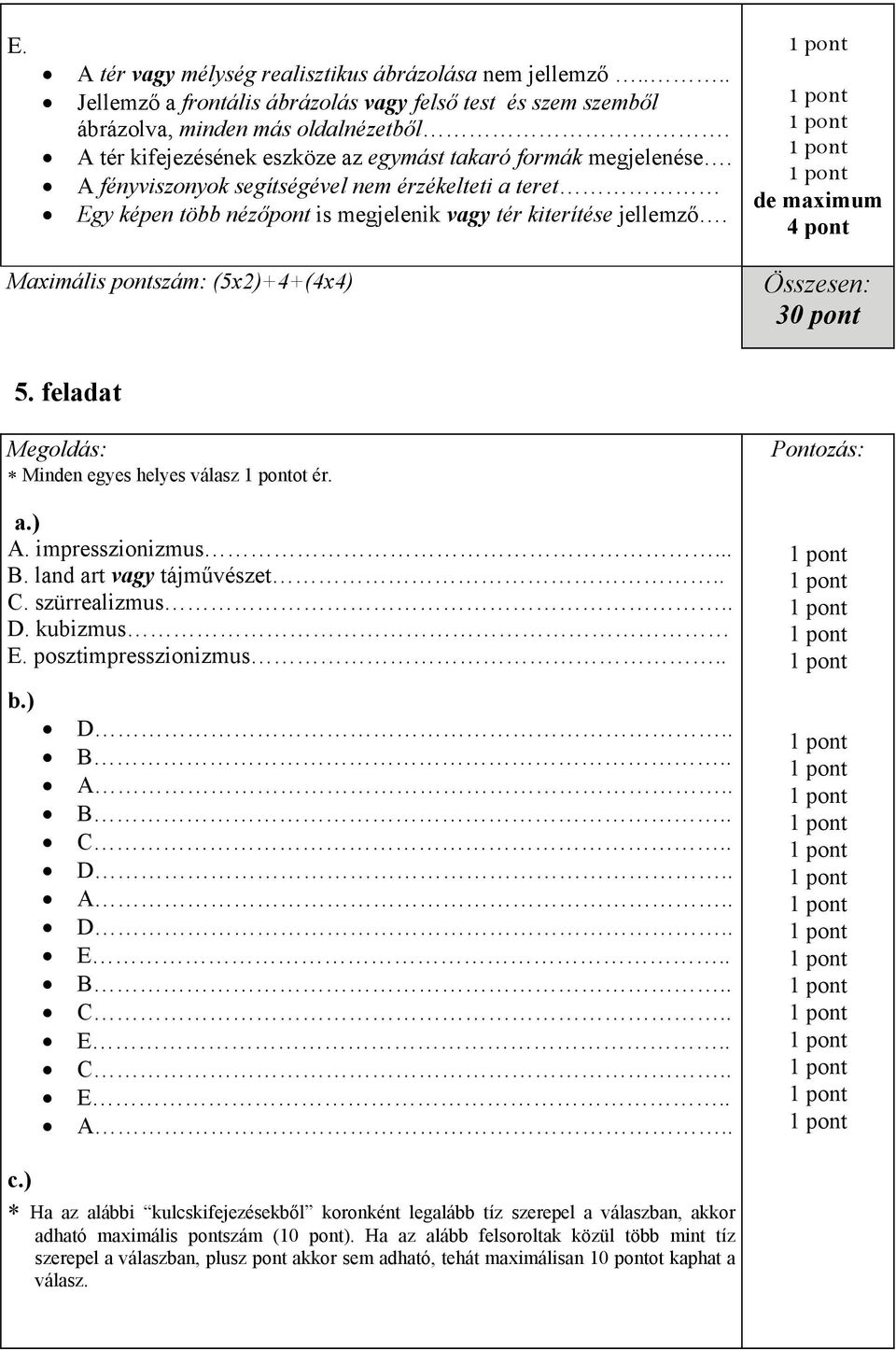 Maximális pontszám: (5x2)+4+(4x4) 4 pont Összesen: 3 5. feladat Megoldás: Minden egyes helyes válasz ot ér. a.) A. impresszionizmus... B. land art vagy tájművészet.. C. szürrealizmus.. D. kubizmus E.