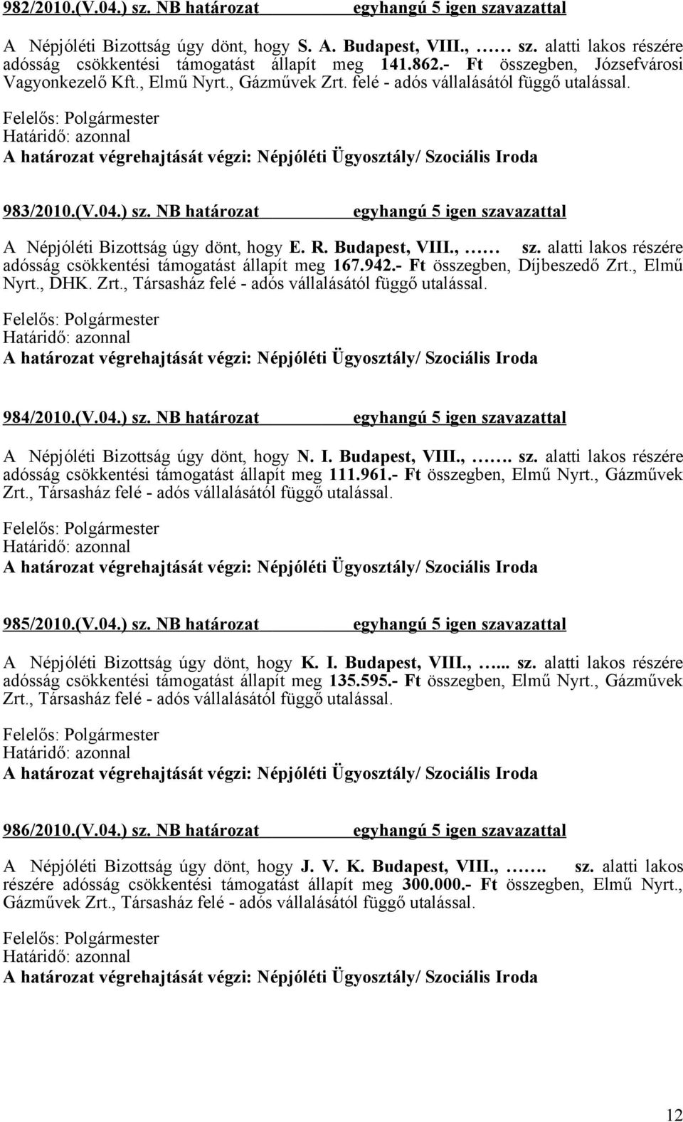 Budapest, VIII., sz. alatti lakos részére adósság csökkentési támogatást állapít meg 167.942.- Ft összegben, Díjbeszedő Zrt., Elmű Nyrt., DHK. Zrt., Társasház felé - adós vállalásától függő utalással.