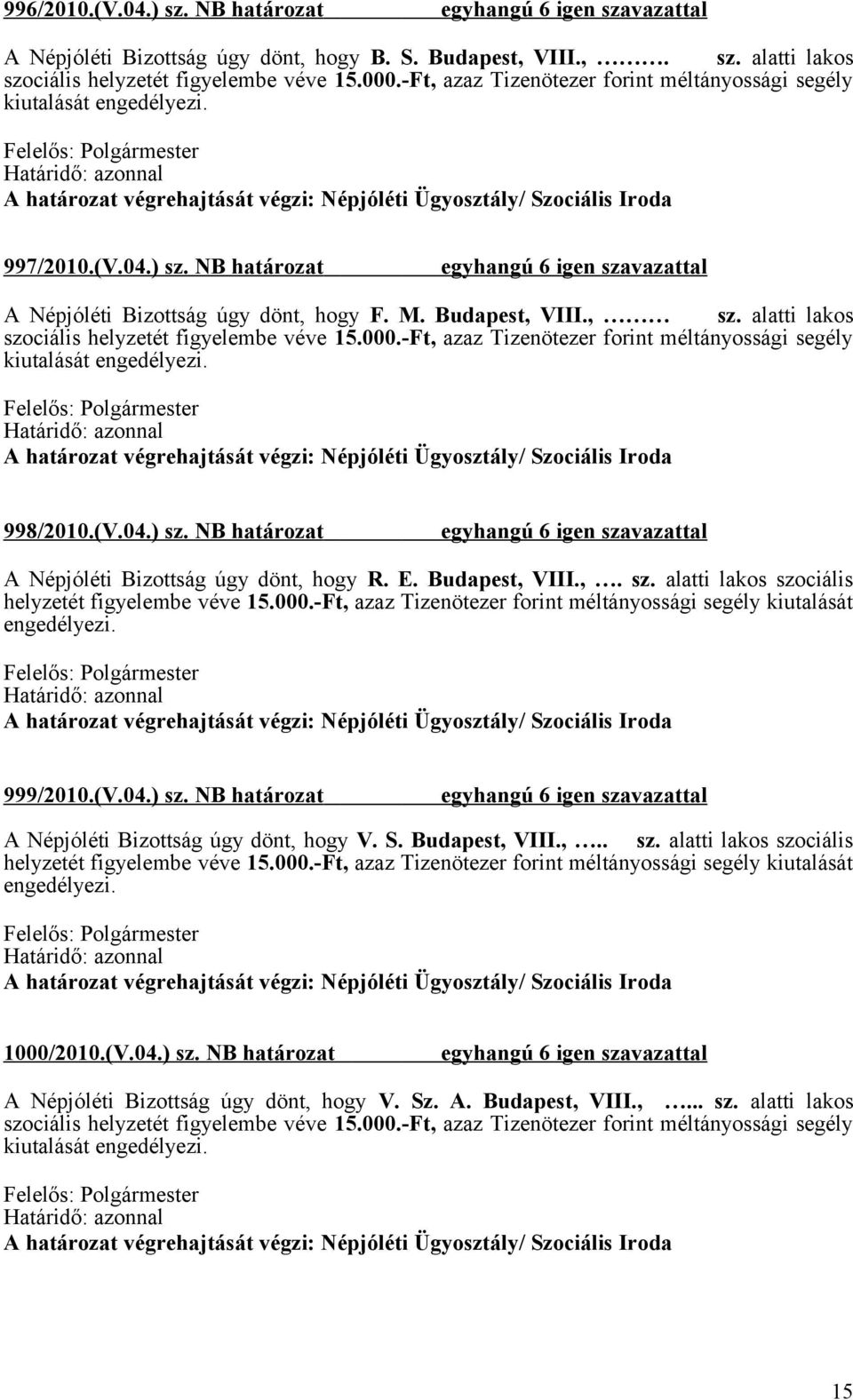 alatti lakos szociális helyzetét figyelembe véve 15.000.-Ft, azaz Tizenötezer forint méltányossági segély kiutalását 998/2010.(V.04.) sz. NB határozat A Népjóléti Bizottság úgy dönt, hogy R. E.