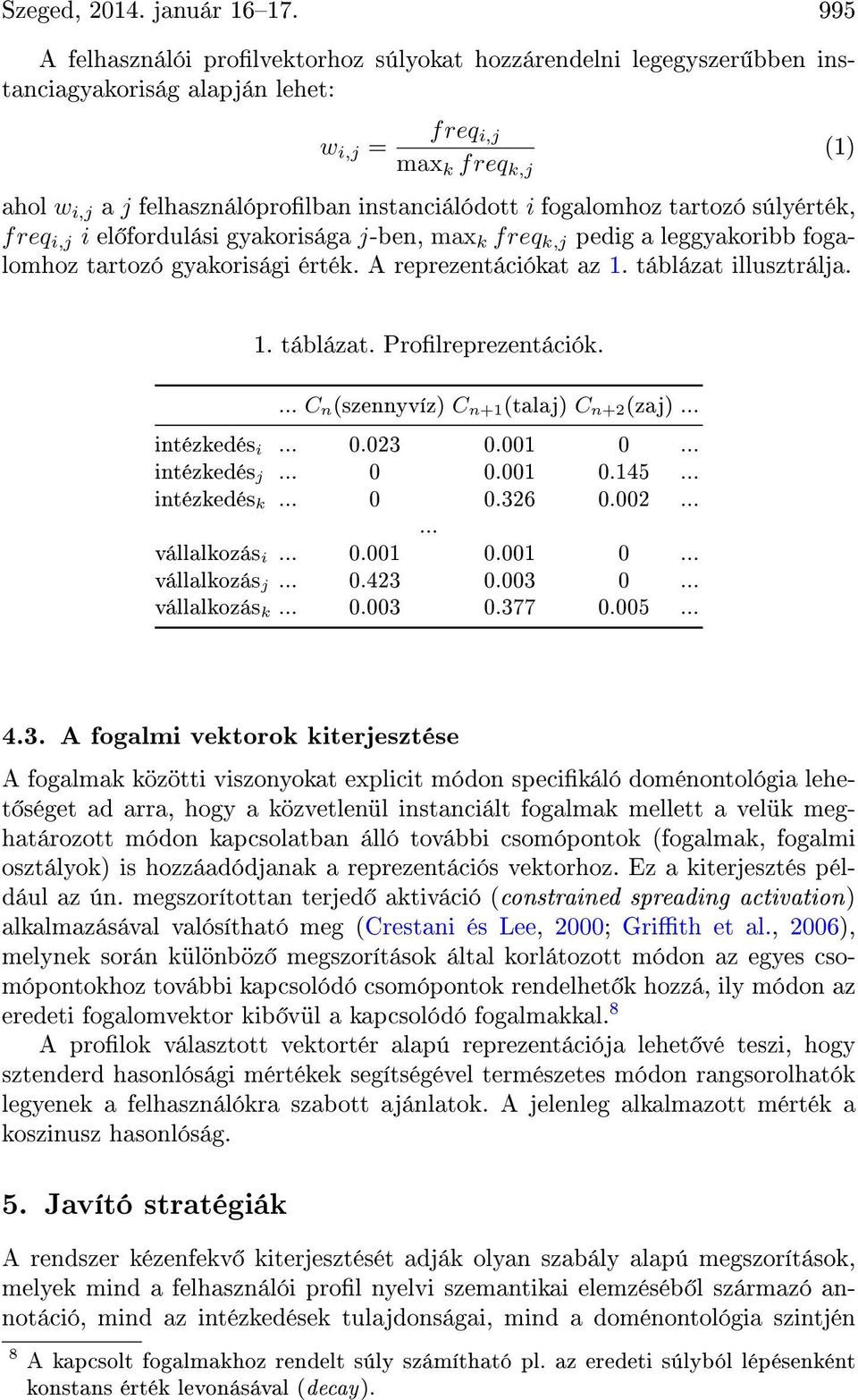 fogalomhoz tartozó súlyérték, freq i,j i el fordulási gyakorisága j-ben, max k freq k,j pedig a leggyakoribb fogalomhoz tartozó gyakorisági érték. A reprezentációkat az 1. táblázat 