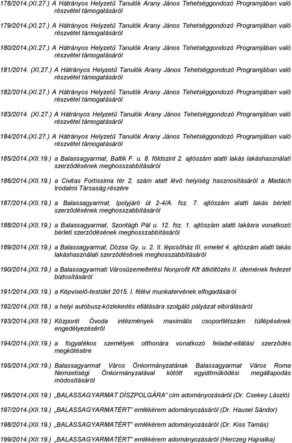 (XI.27.) A Hátrányos Helyzetű Tanulók Arany János Tehetséggondozó Programjában való részvétel támogatásáról 183/2014. (XI.27.) A Hátrányos Helyzetű Tanulók Arany János Tehetséggondozó Programjában való részvétel támogatásáról 184/2014.