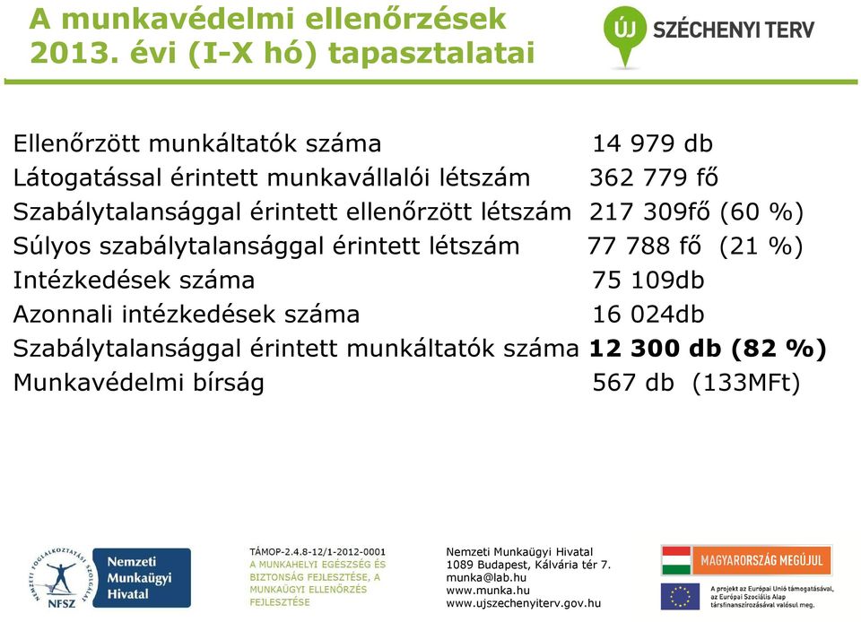 362 779 fő Szabálytalansággal érintett ellenőrzött létszám 217 309fő (60 %) Súlyos szabálytalansággal érintett