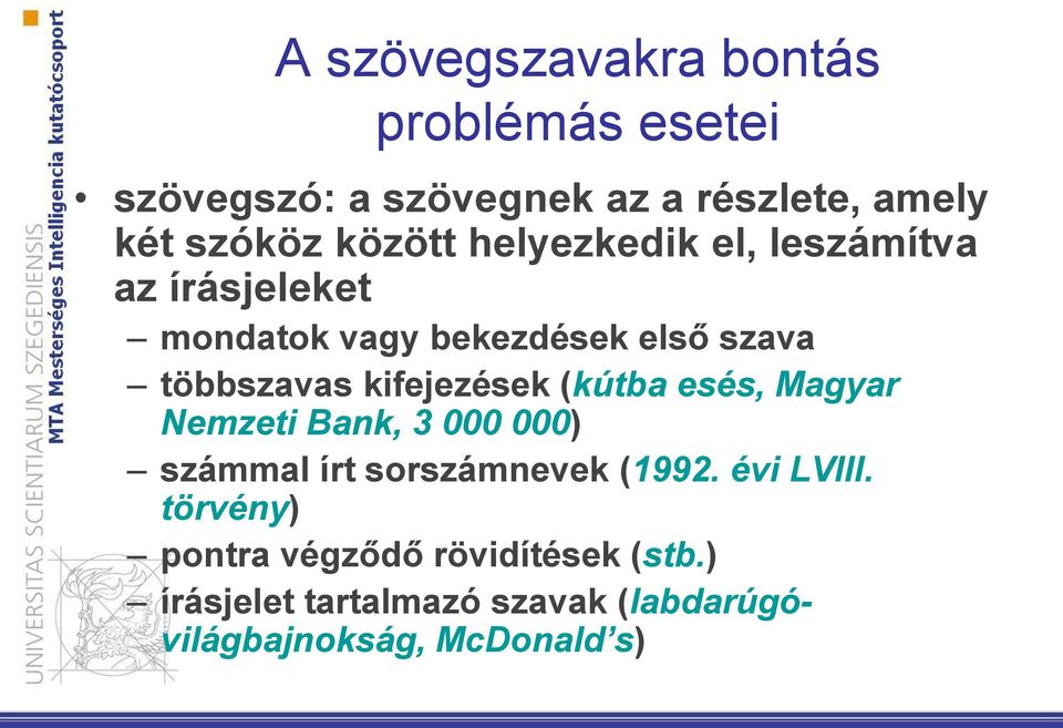 kifejezések (kútba esés, Magyar Nemzeti Bank, 3 000 000) számmal írt sorszámnevek (1992. évi LVIII.