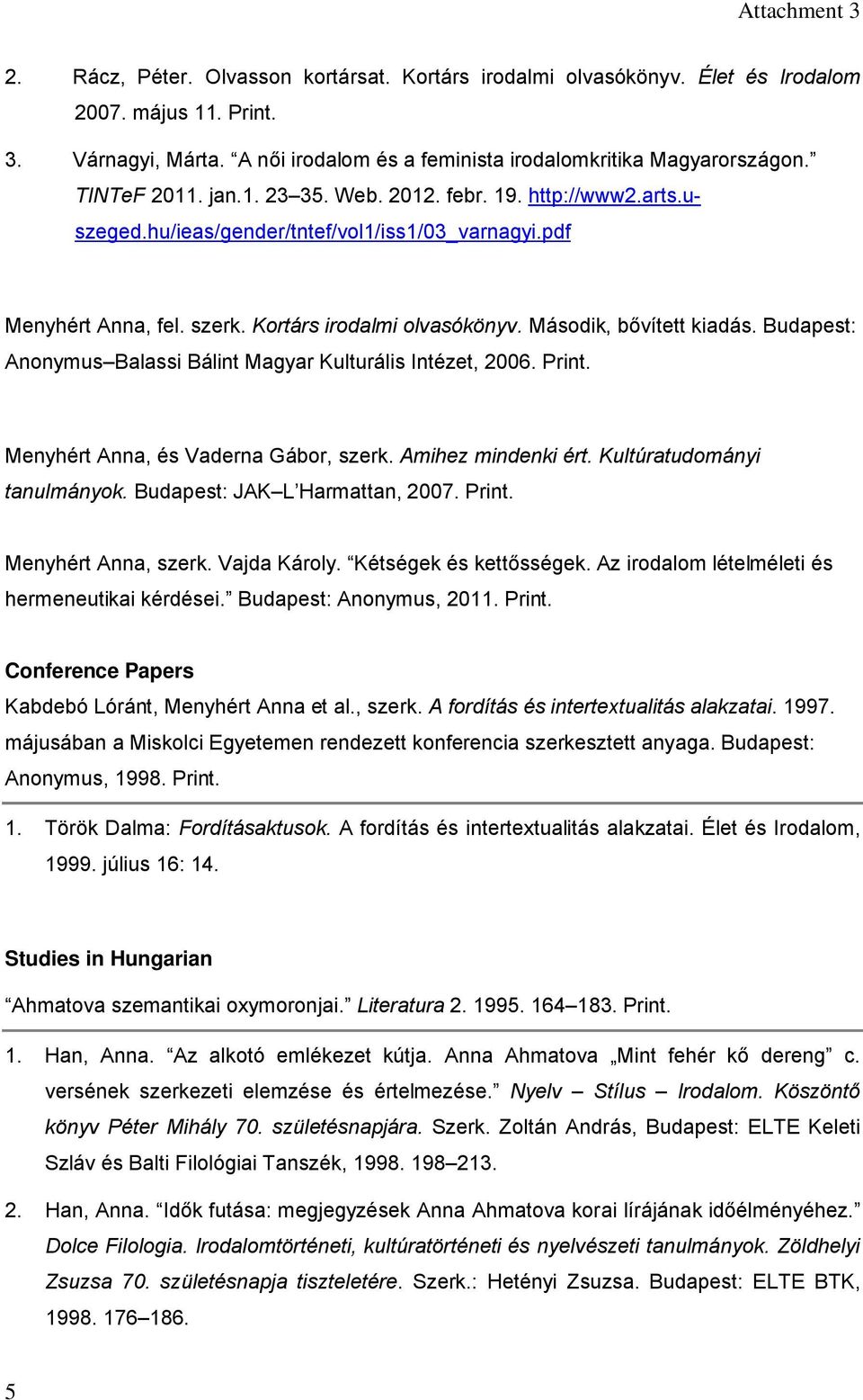 Budapest: Anonymus Balassi Bálint Magyar Kulturális Intézet, 2006. Print. Menyhért Anna, és Vaderna Gábor, szerk. Amihez mindenki ért. Kultúratudományi tanulmányok. Budapest: JAK L Harmattan, 2007.