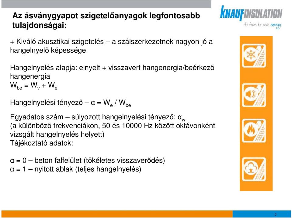 tényez = W e / W be Egyadatos szám súlyozott hangelnyelési tényez: w (a különböz frekvenciákon, 50 és 10000 Hz között