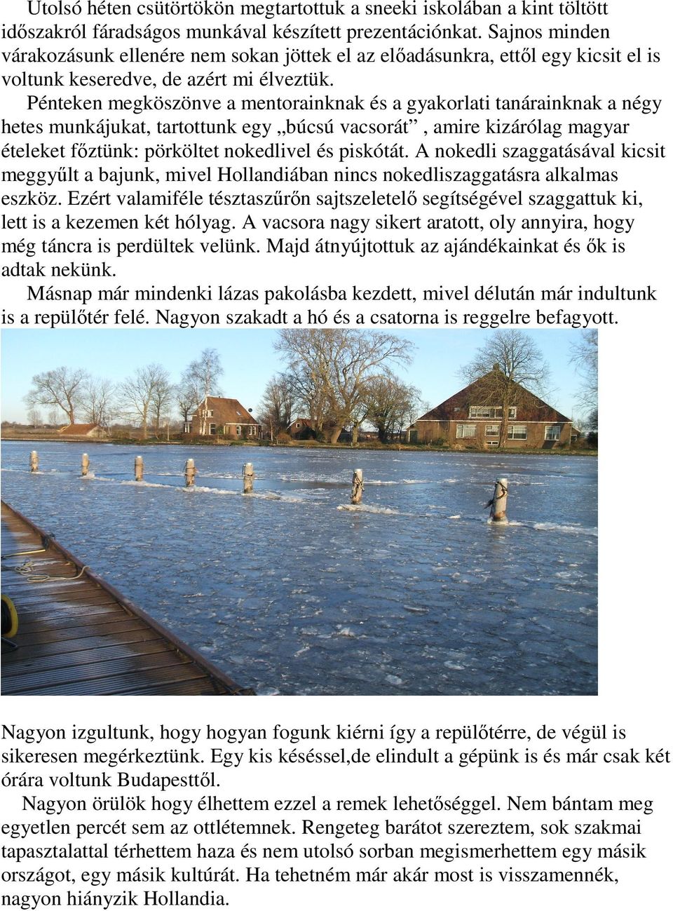 Pénteken megköszönve a mentorainknak és a gyakorlati tanárainknak a négy hetes munkájukat, tartottunk egy búcsú vacsorát, amire kizárólag magyar ételeket fıztünk: pörköltet nokedlivel és piskótát.