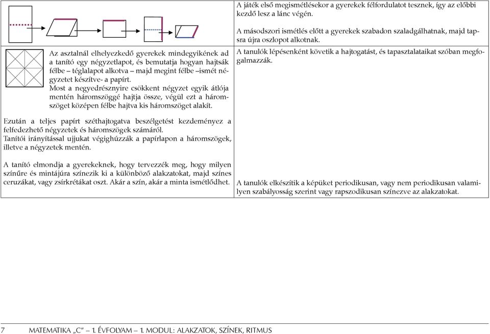 Most a negyedrésznyire csökkent négyzet egyik átlója mentén háromszöggé hajtja össze, végül ezt a háromszöget középen félbe hajtva kis háromszöget alakít.