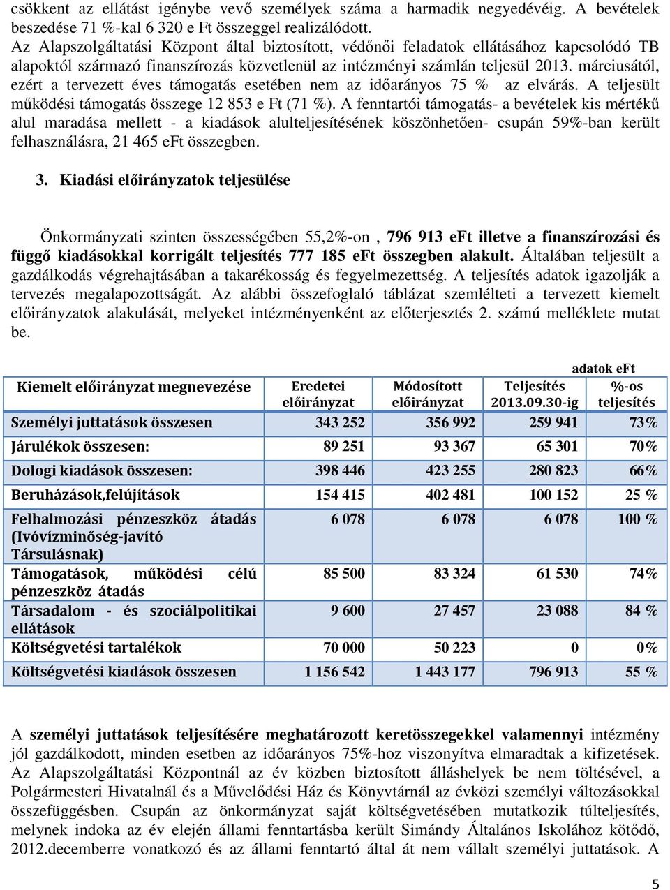 éves támogatás esetében nem az időarányos 75 % az elvárás. A teljesült működési támogatás összege 12 853 e Ft (71 %).