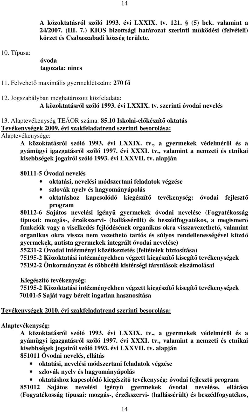 Alaptevékenység TEÁOR száma: 85.10 Iskolai-elıkészítı oktatás Tevékenységek 2009. évi szakfeladatrend szerinti besorolása: Alaptevékenysége: A közoktatásról szóló 1993. évi LXXIX. tv.