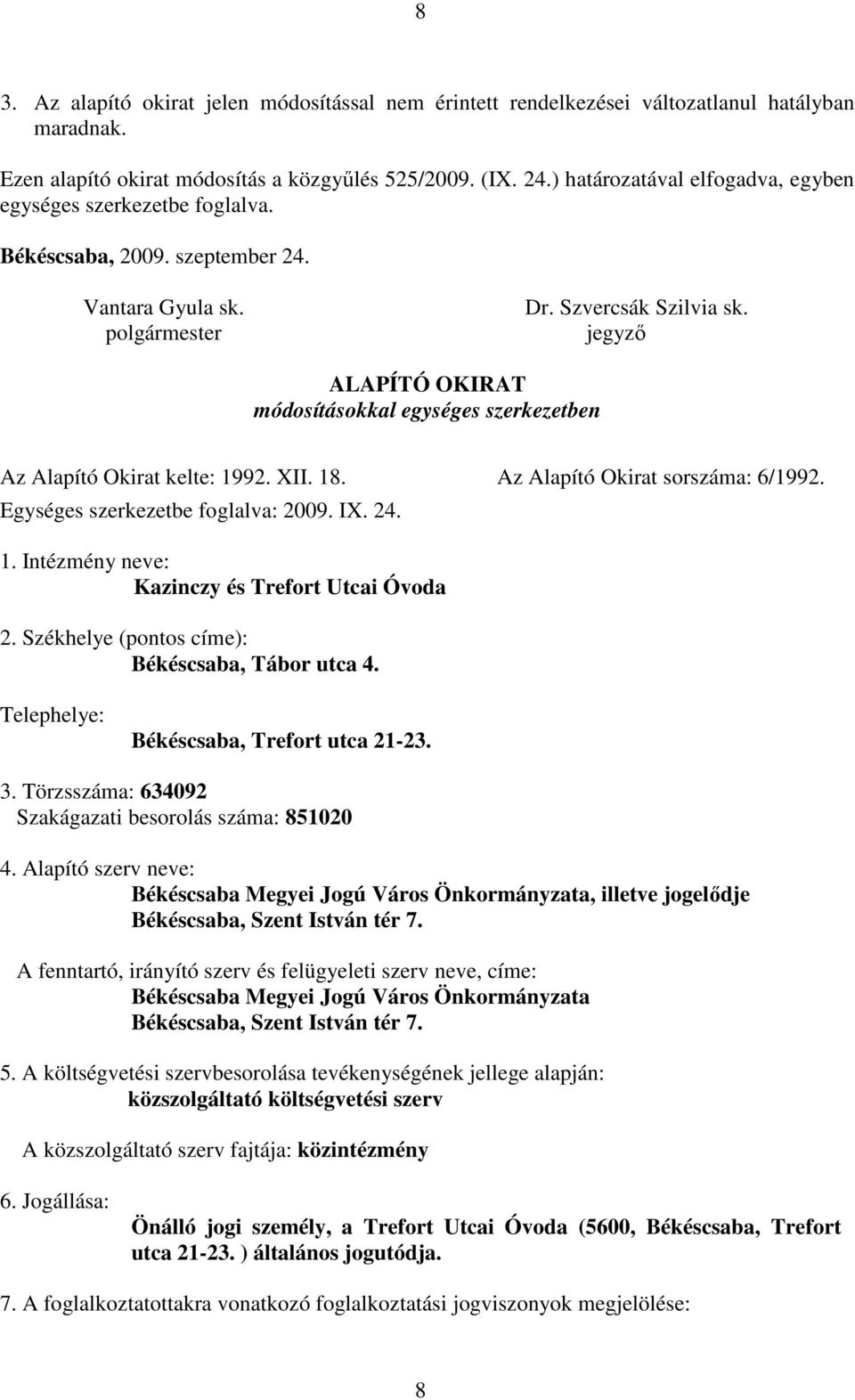 jegyzı ALAPÍTÓ OKIRAT módosításokkal egységes szerkezetben Az Alapító Okirat kelte: 1992. XII. 18. Az Alapító Okirat sorszáma: 6/1992. Egységes szerkezetbe foglalva: 2009. IX. 24. 1. Intézmény neve: Kazinczy és Trefort Utcai Óvoda 2.