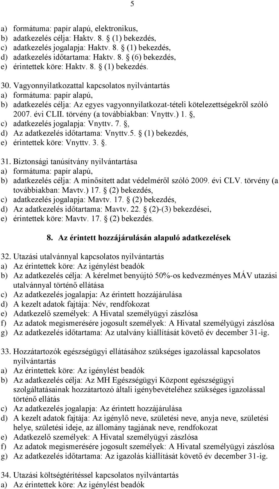 törvény (a továbbiakban: Vnyttv.) 1., c) adatkezelés jogalapja: Vnyttv. 7., d) Az adatkezelés időtartama: Vnyttv.5. (1) bekezdés, e) érintettek köre: Vnyttv. 3.. 31.