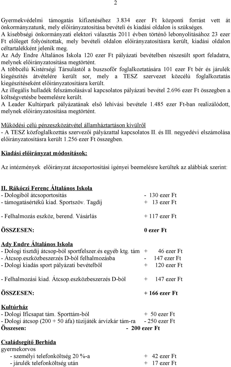 jelenik meg. Az Ady Endre Általános Iskola 120 ezer Ft pályázati bevételben részesült sport feladatra, melynek előirányzatosítása megtörtént.