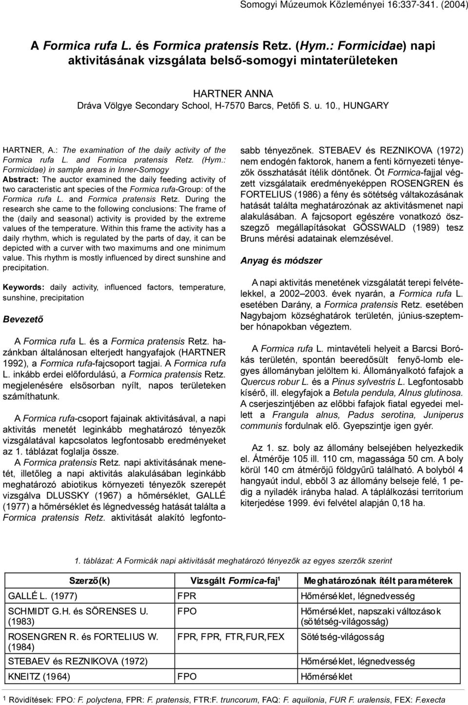 : Formicidae) in sample areas in Inner-Somogy Abstract: The auctor examined the daily feeding activity of two caracteristic ant species of the Formica rufa-group: of the Formica rufa L.