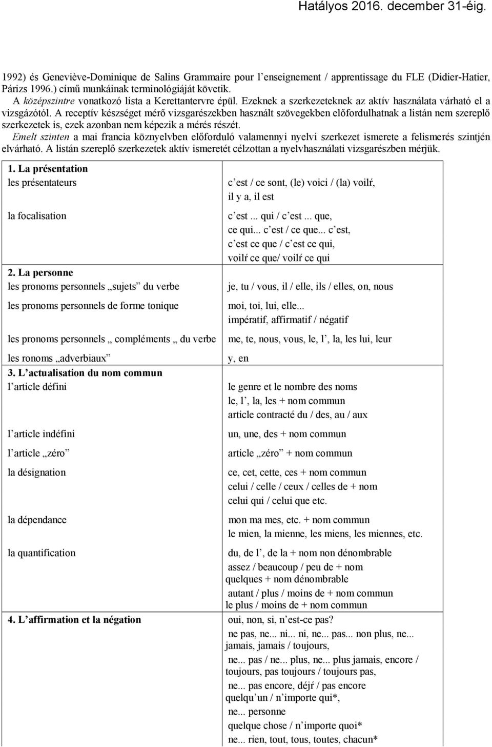 A receptív készséget mérő vizsgarészekben használt szövegekben előfordulhatnak a listán nem szereplő szerkezetek is, ezek azonban nem képezik a mérés részét.