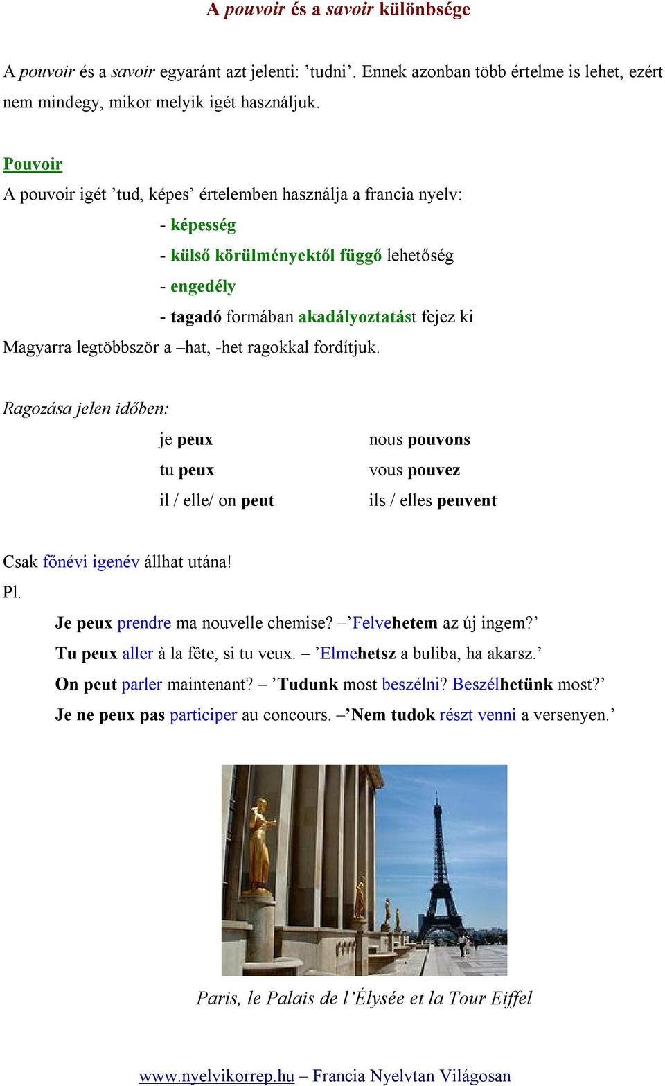 hat, -het ragokkal fordítjuk. Ragozása jelen időben: je peux tu peux il / elle/ on peut nous pouvons vous pouvez ils / elles peuvent Csak főnévi igenév állhat utána! Pl.