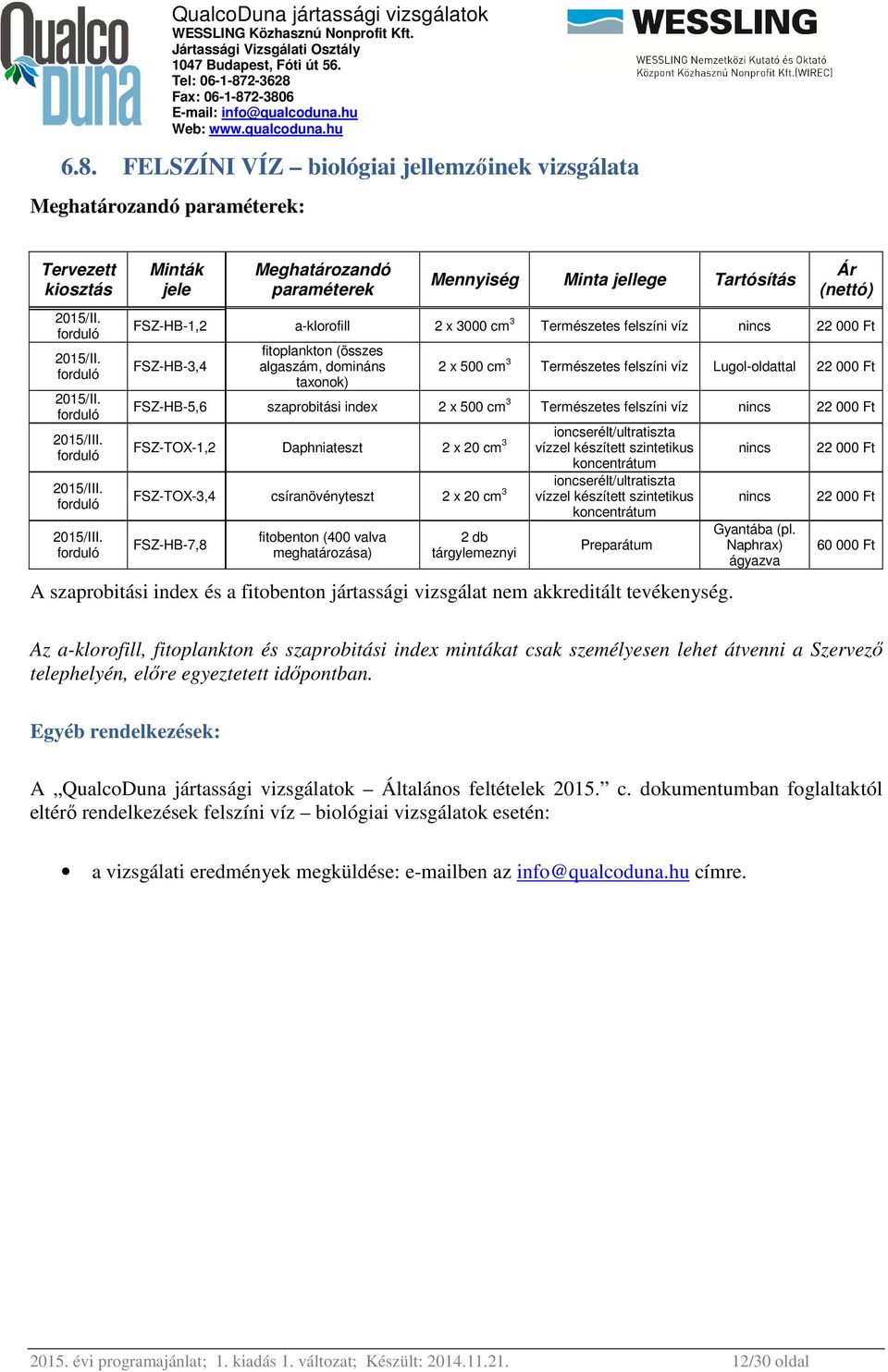 6.8. FELSZÍNI VÍZ biológiai jellemzőinek vizsgálata Meghatározandó paraméterek: kiosztás Minták jele Meghatározandó paraméterek Mennyiség Minta jellege Tartósítás Ár (nettó) FSZ-HB-1,2 a-klorofill 2