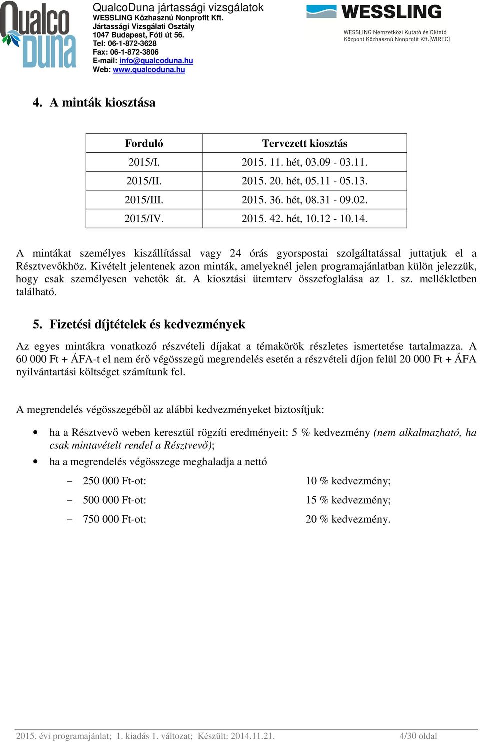 Kivételt jelentenek azon minták, amelyeknél jelen programajánlatban külön jelezzük, hogy csak személyesen vehetők át. A kiosztási ütemterv összefoglalása az 1. sz. mellékletben található. 5.