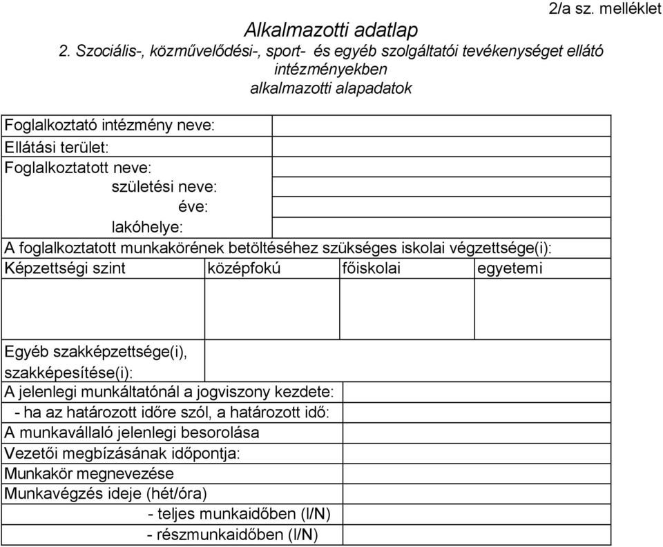 Foglalkoztatott neve: születési neve: éve: lakóhelye: A foglalkoztatott munkakörének betöltéséhez szükséges iskolai végzettsége(i): Képzettségi szint középfokú fıiskolai