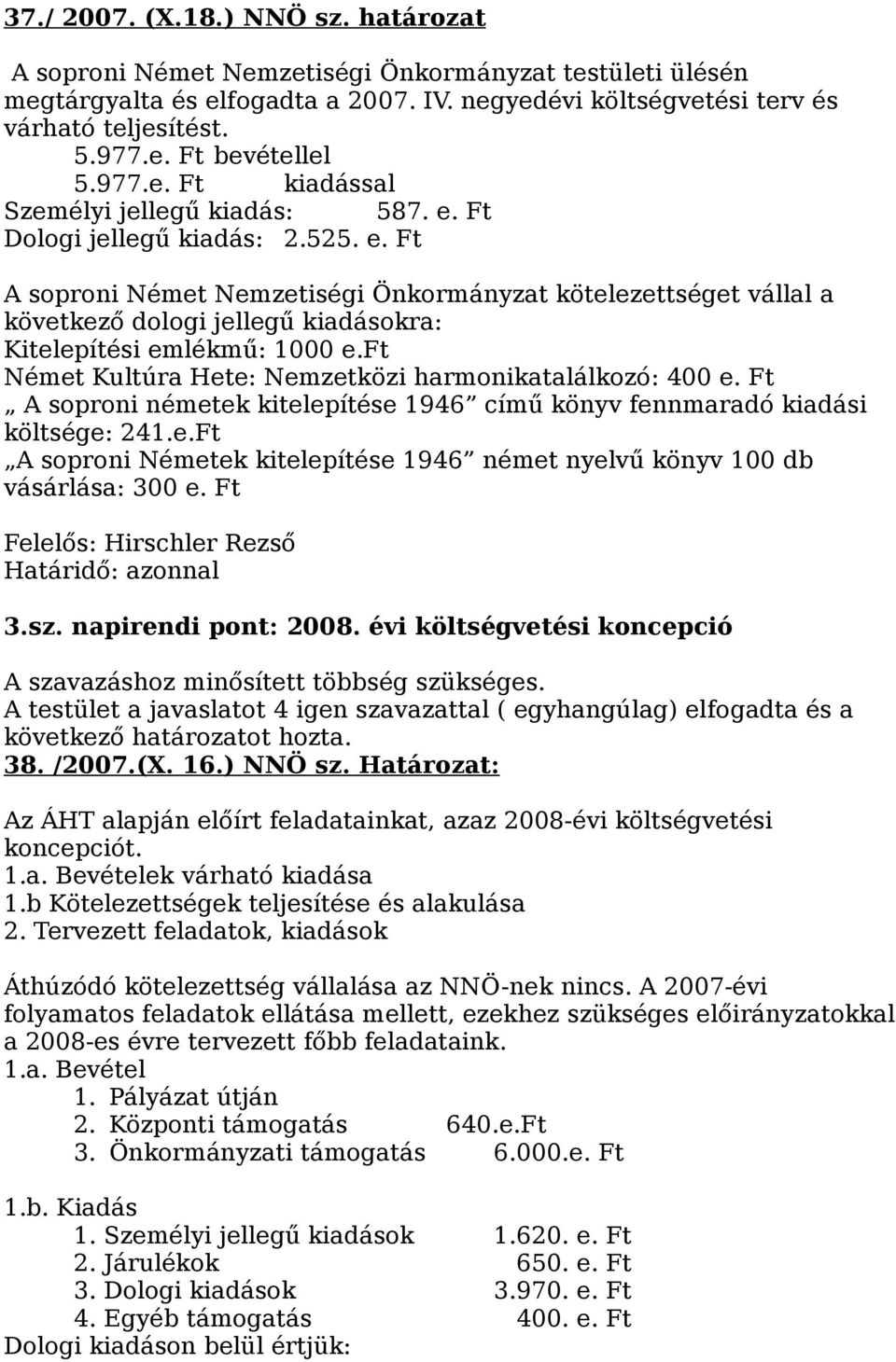 ft Német Kultúra Hete: Nemzetközi harmonikatalálkozó: 400 e. Ft A soproni németek kitelepítése 1946 című könyv fennmaradó kiadási költsége: 241.e.Ft A soproni Németek kitelepítése 1946 német nyelvű könyv 100 db vásárlása: 300 e.