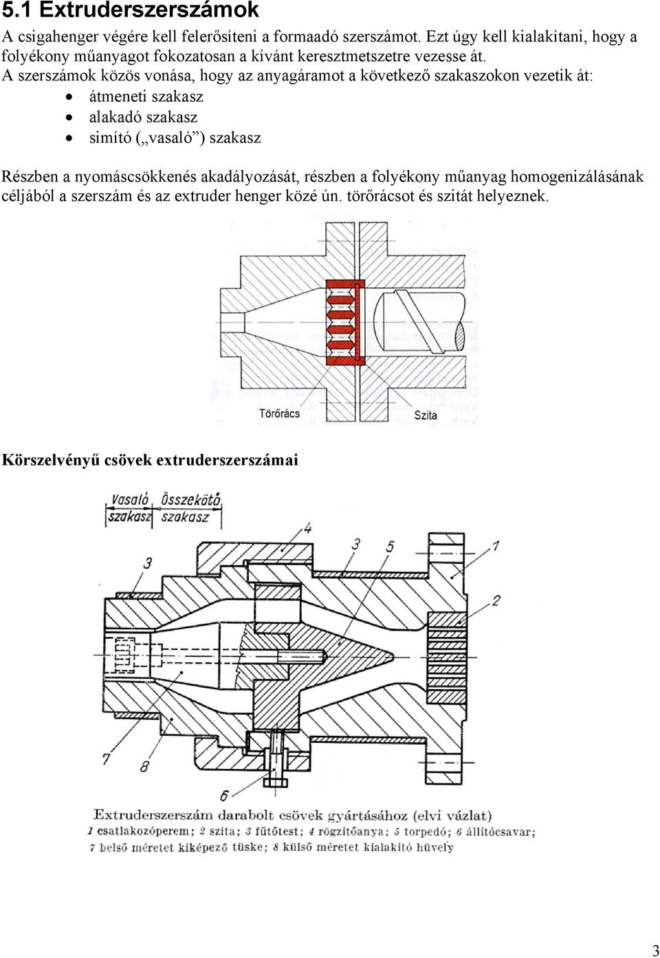 A szerszámok közös vonása, hogy az anyagáramot a következő szakaszokon vezetik át: átmeneti szakasz alakadó szakasz simító ( vasaló )