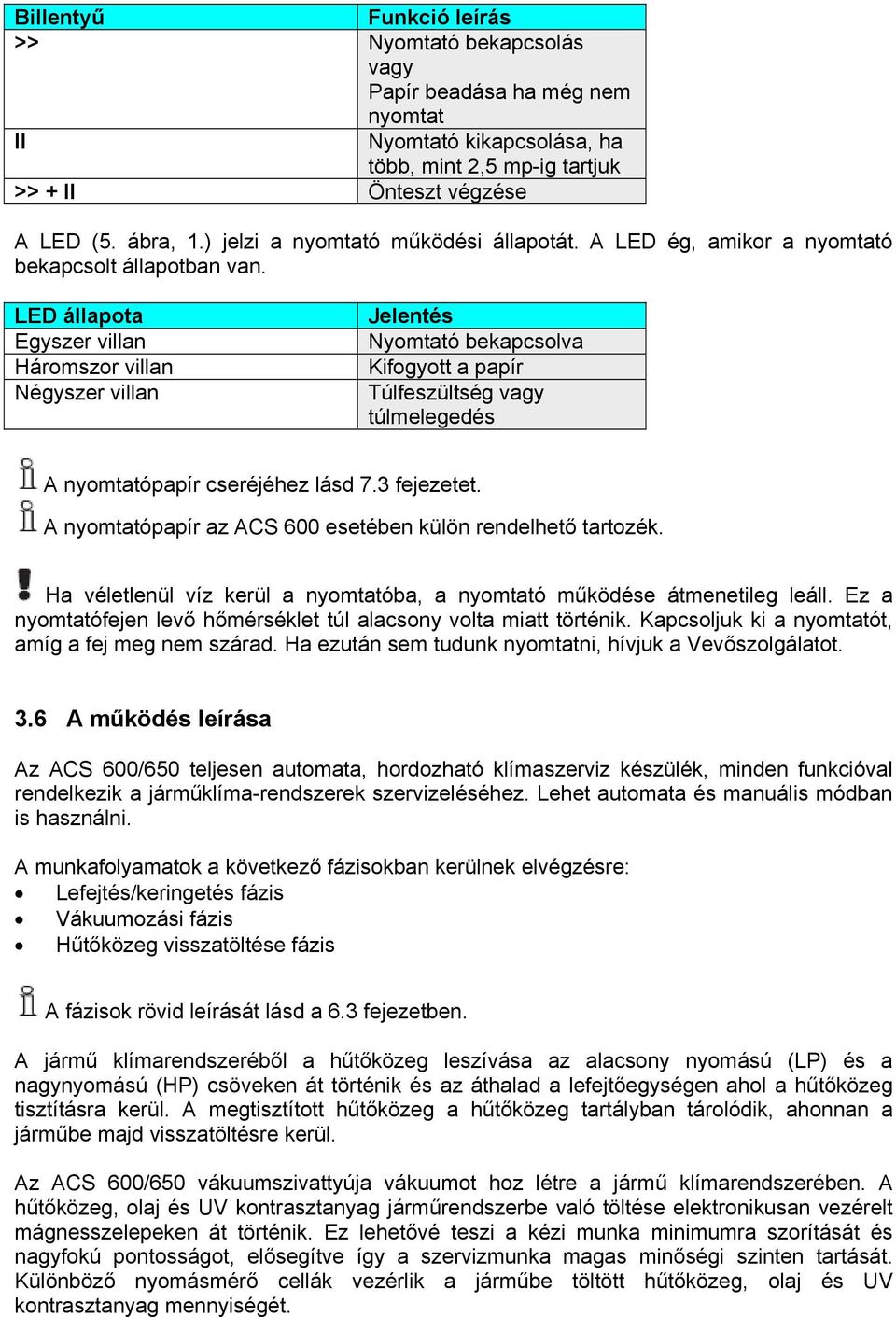 LED állapota Egyszer villan Háromszor villan Négyszer villan Jelentés Nyomtató bekapcsolva Kifogyott a papír Túlfeszültség vagy túlmelegedés A nyomtatópapír cseréjéhez lásd 7.3 fejezetet.