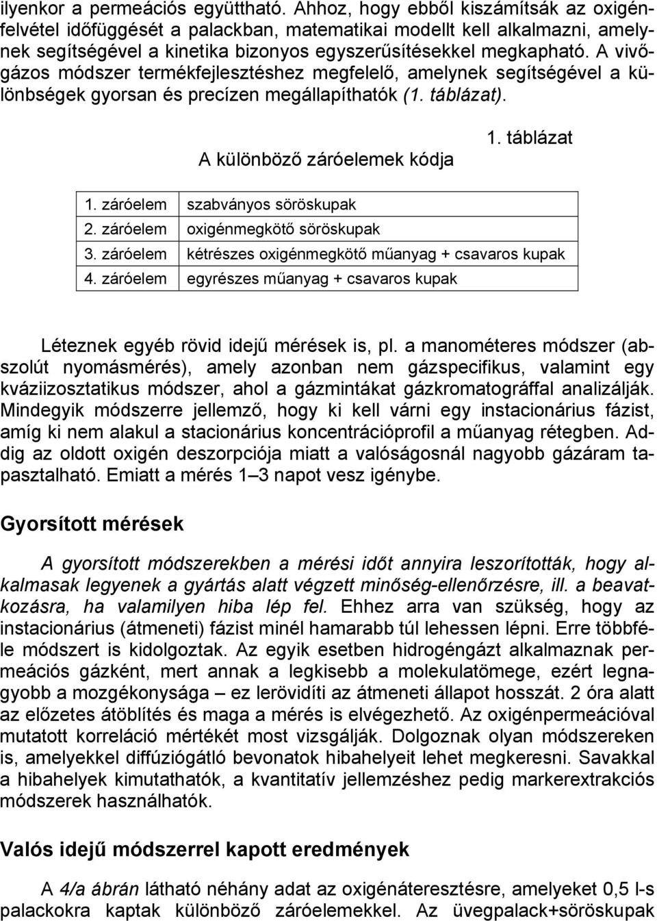 A vivőgázos módszer termékfejlesztéshez megfelelő, amelynek segítségével a különbségek gyorsan és precízen megállapíthatók (1. táblázat). A különböző záróelemek kódja 1. táblázat 1.