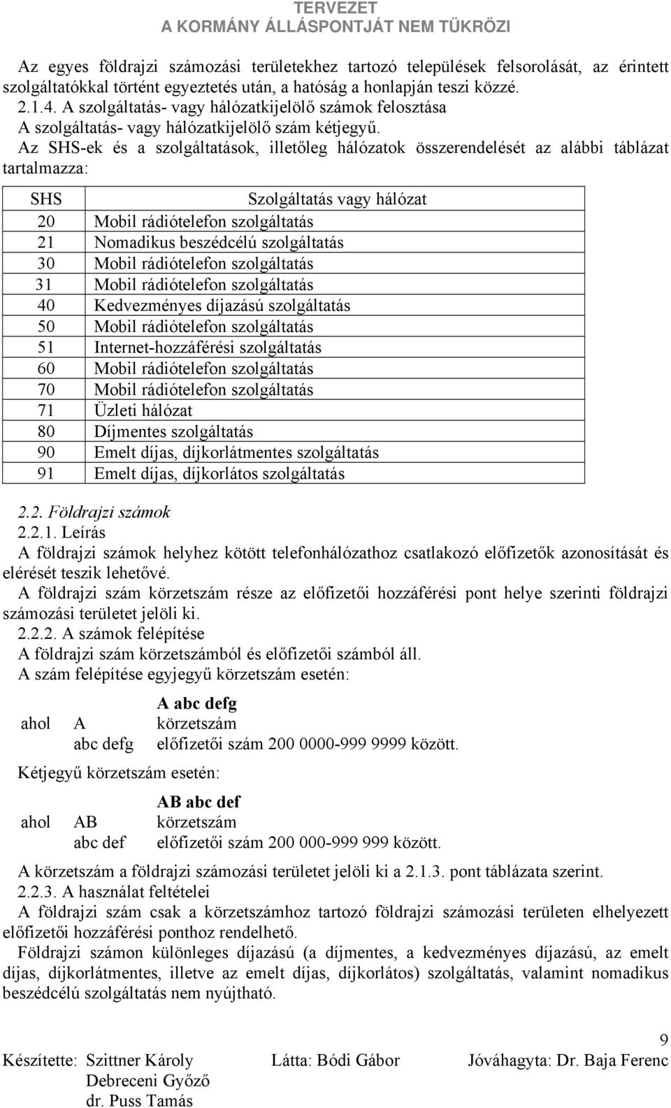 Az SHS-ek és a szolgáltatások, illetőleg hálózatok összerendelését az alábbi táblázat tartalmazza: SHS Szolgáltatás vagy hálózat 20 Mobil rádiótelefon szolgáltatás 21 Nomadikus beszédcélú