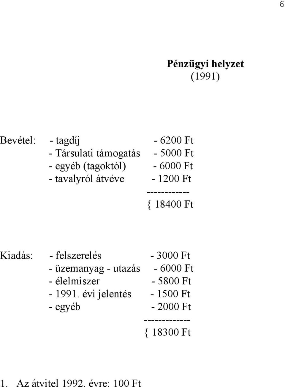 felszerelés - 3000 Ft - üzemanyag - utazás - 6000 Ft - élelmiszer - 5800 Ft - 1991.
