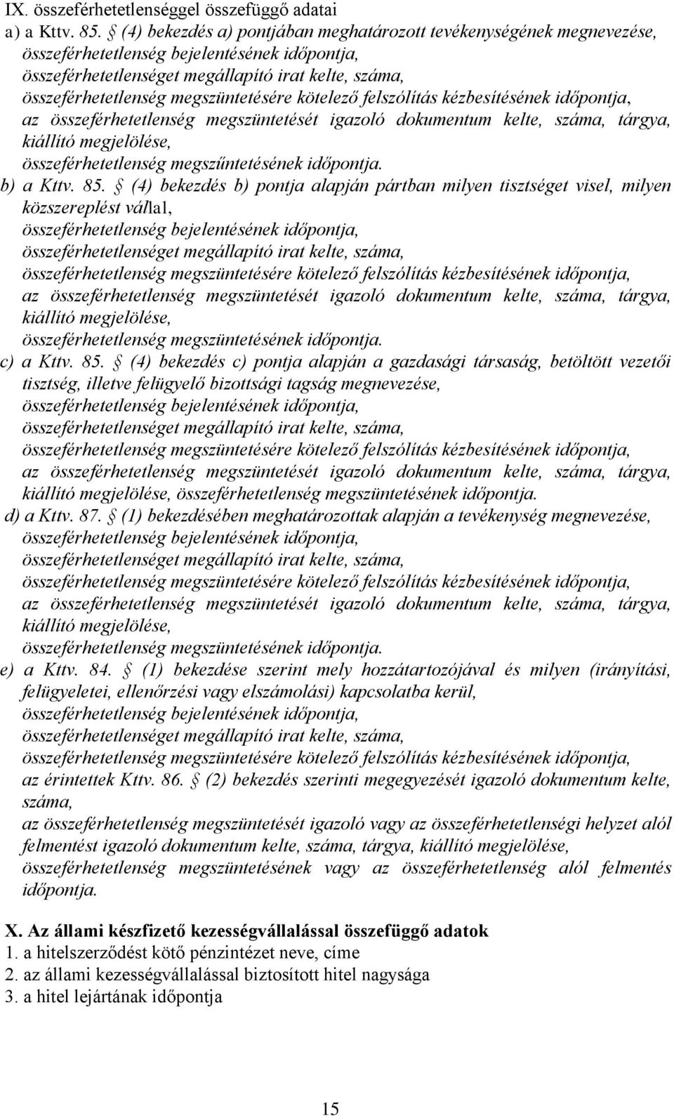 megszüntetésére kötelező felszólítás kézbesítésének időpontja, az összeférhetetlenség megszüntetését igazoló dokumentum kelte, száma, tárgya, kiállító megjelölése, összeférhetetlenség