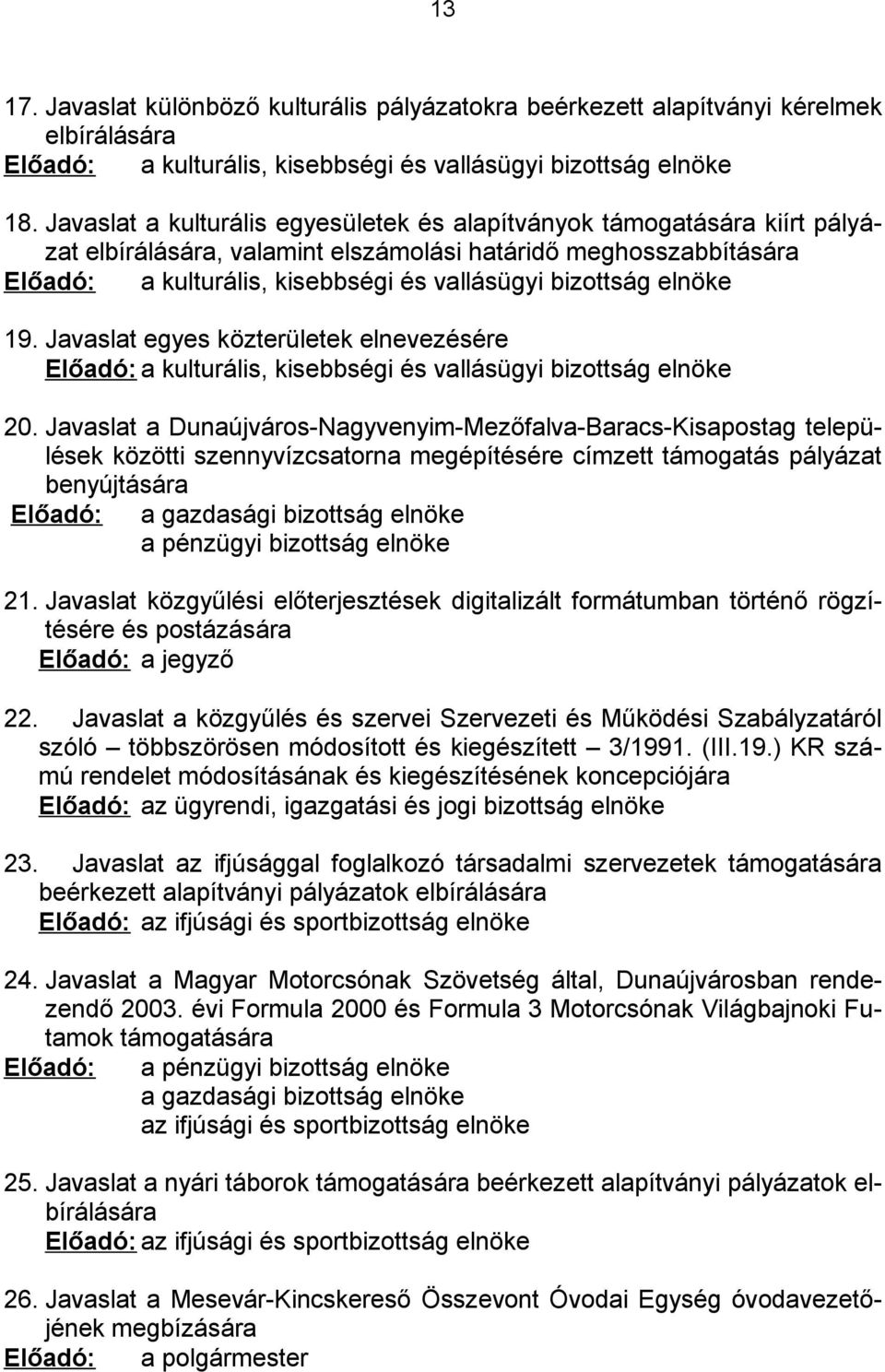 elnöke 19. Javaslat egyes közterületek elnevezésére Előadó: a kulturális, kisebbségi és vallásügyi bizottság elnöke 20.