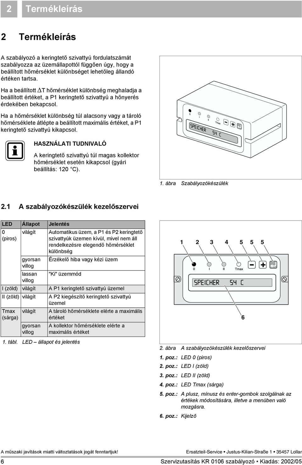 Ha a hőmérséklet különbség túl alacsony vagy a tároló hőmérséklete átlépte a beállított maximális értéket a P1 keringtető szivattyú kikapcsol.