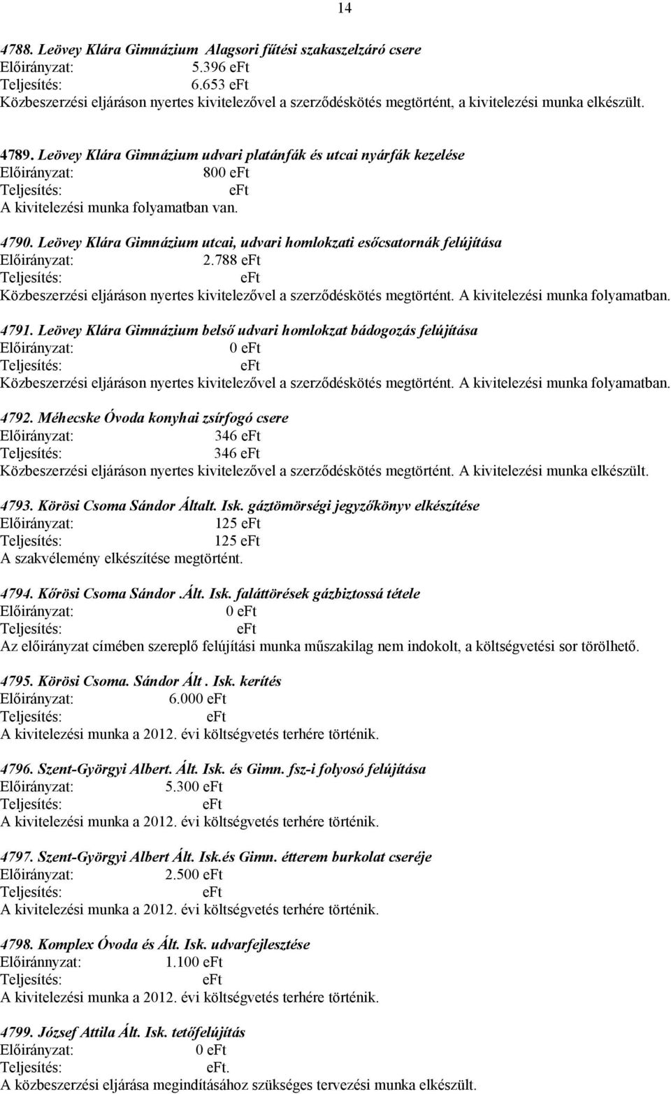 788 Közbeszerzési eljáráson nyertes kivitelezővel a szerződéskötés megtörtént. A kivitelezési munka folyamatban. 4791.